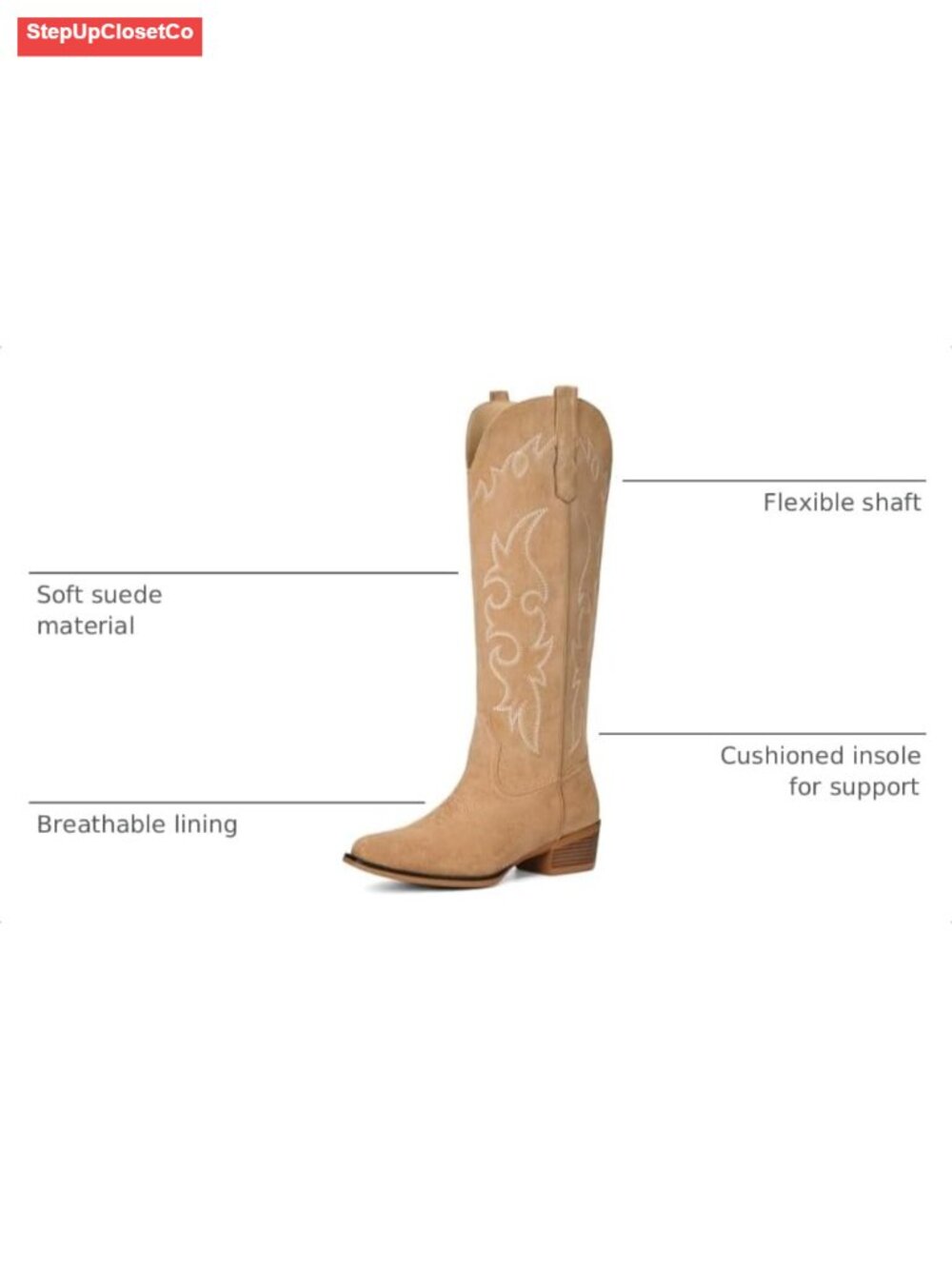 Suede Knee High Cowboy Boots Floral Embroidery Western Equestrian Boots - Picture 2 of 6